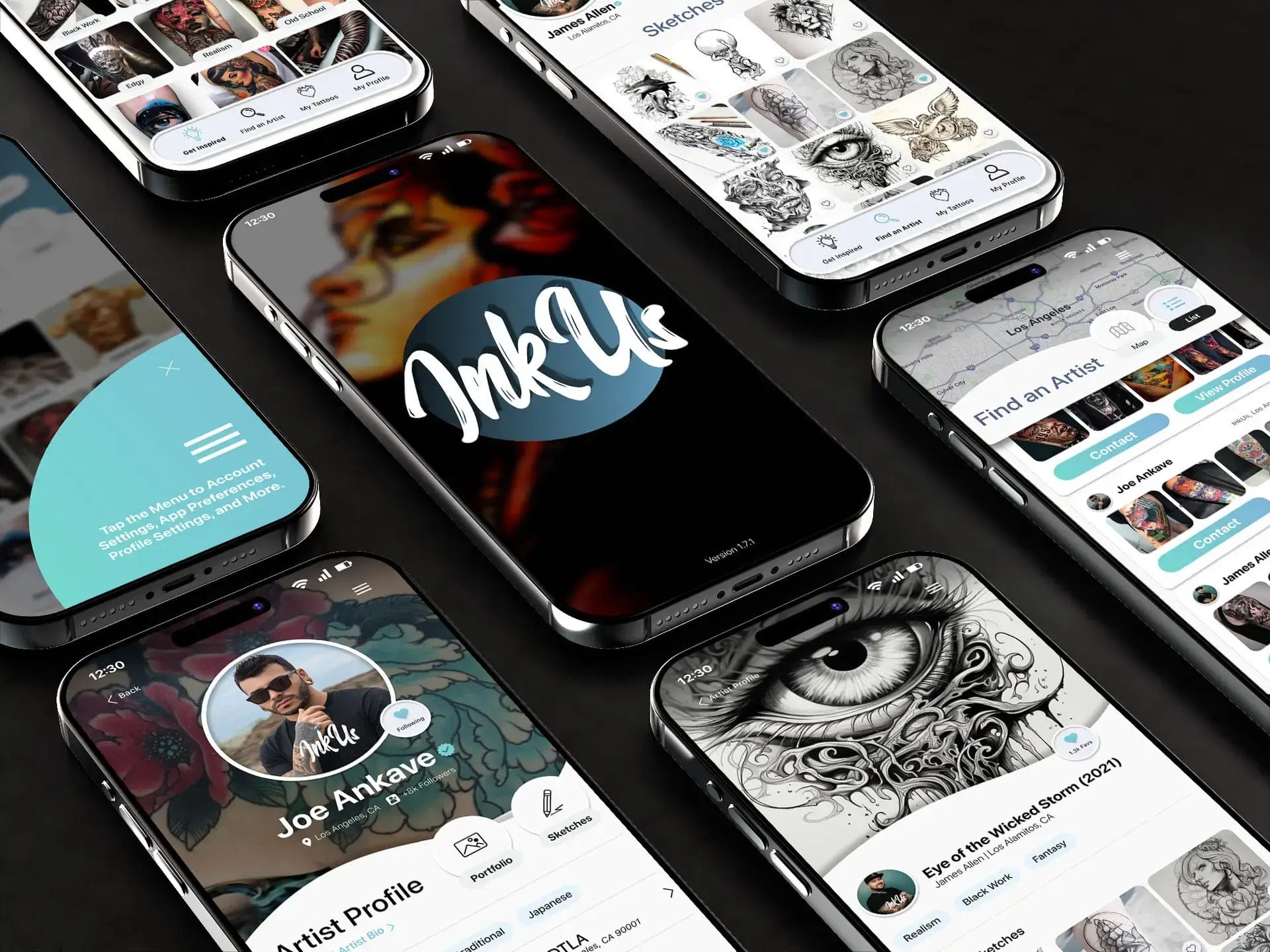 Cellphones laying on a surface showing different screens of cellphone app.