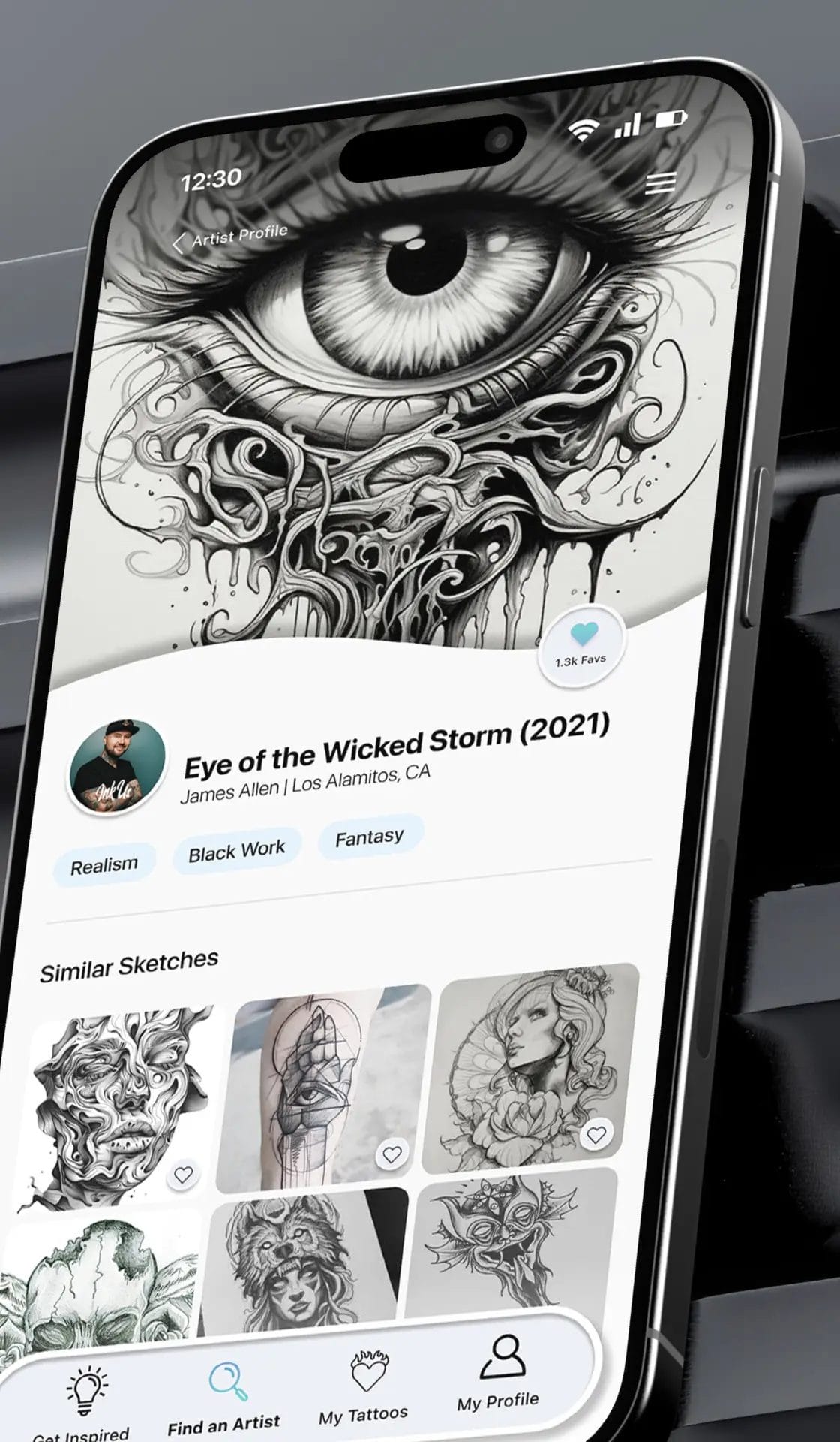 A cellphone screen showing InkUs app screen of tattoo artist portfolio.