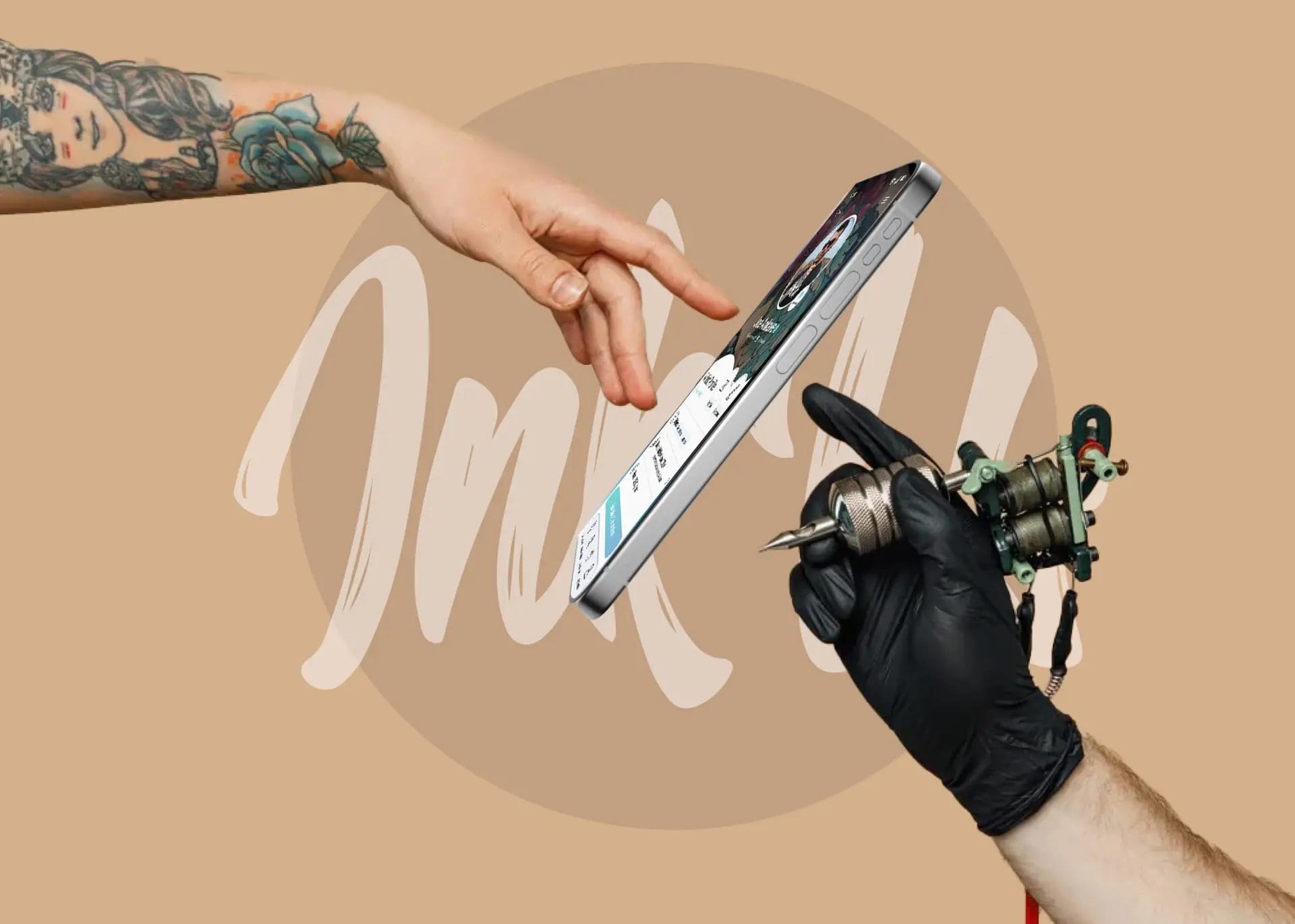 Michelangelo's famous fresco, The Creation of Adam, inspired image of fingers of tattoo artist and tattoo seeked touching phone.
